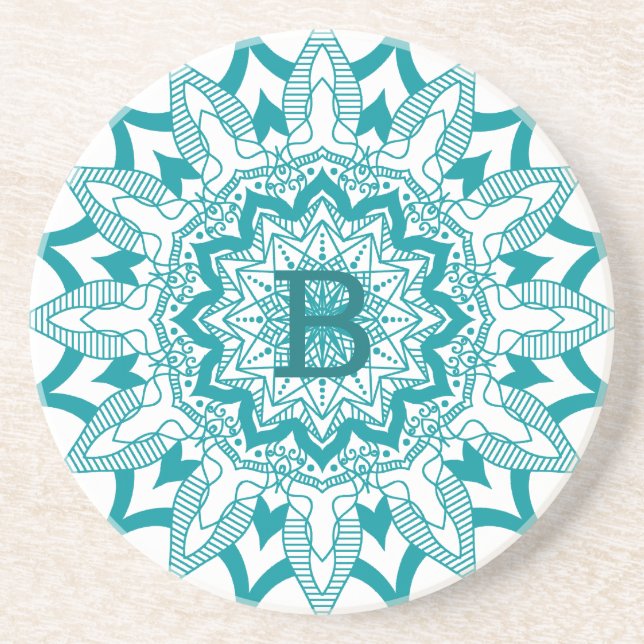 Blue-green on white mandala monogram coaster (Front)