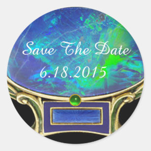 BLUE GREEN OPAL ANTIQUE GOLD JEWEL Save The Date Classic Round Sticker