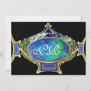 BLUE GREEN OPAL ,ART NOUVEAU GOLD JEWEL MONOGRAM INVITATION