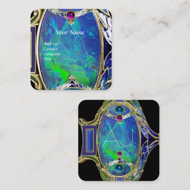 BLUE GREEN OPAL ,ART NOUVEAU GOLD JEWEL MONOGRAM SQUARE BUSINESS CARD (Front/Back)