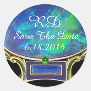 BLUE GREEN OPAL ,GOLD JEWEL Save The Date Monogram Classic Round Sticker