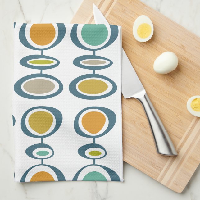 Blue Green Orange Circles Mid-Century Pattern Tea Towel (Quarter Fold)