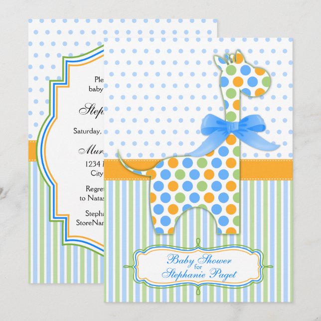 Blue Green Orange Giraffe Baby Shower Invitation (Front/Back)