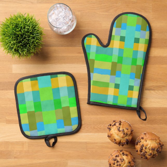 Blue Green Orange Purple Creamy Pattern Abstract Oven Mitt & Pot Holder Set (Top Down)