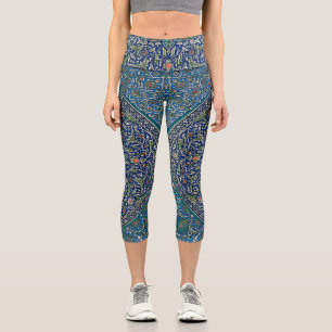 Blue Green Orange Teal Ornate Arabic Pattern Capri Leggings