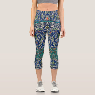 Blue Green Orange Teal Ornate Arabic Pattern Capri Leggings