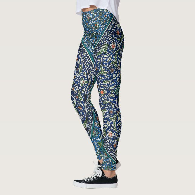 Blue Green Orange Teal Ornate Arabic Pattern Leggings (Left)