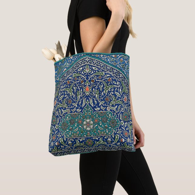 Blue Green Orange Teal Ornate Arabic Pattern Tote Bag (Close Up)