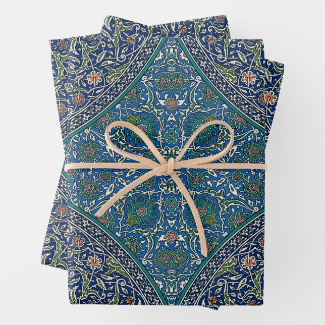 Blue Green Orange Teal Ornate Arabic Pattern Wrapping Paper Sheet (In situ)