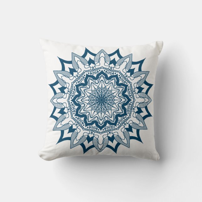 Blue-green ornate symmetrical mandala cushion (Front)