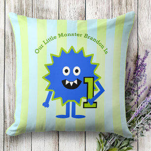 Blue Green Our Little Monster Boy 1st Birthday Cushion