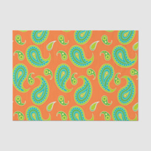 Blue-Green Paisley on Bright Orange Tissue Paper