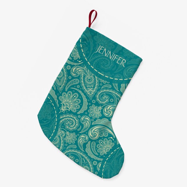 Blue-Green Paisley Pattern Small Christmas Stocking (Front (Hanging))