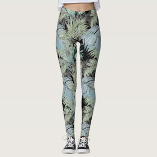 Blue Green Palm Leaves Black Leggings