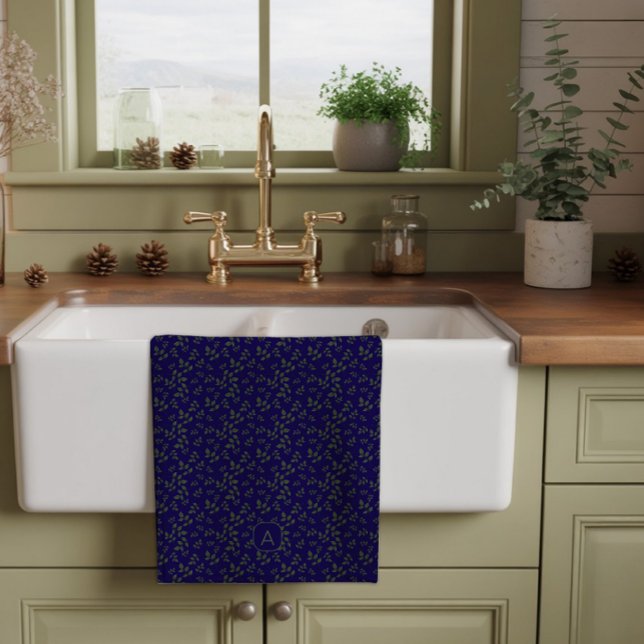 Blue green  pattern leaves  name letter tea towel (Creator Uploaded)