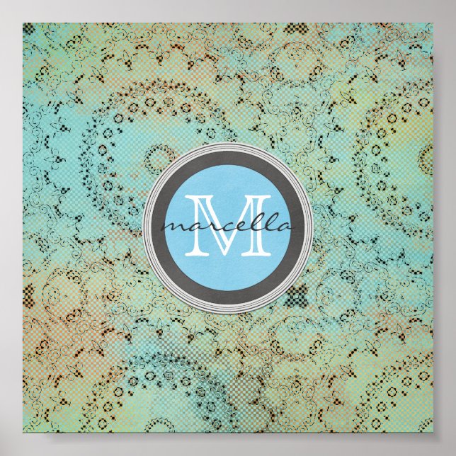 Blue Green Pattern Monogram Poster (Front)