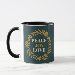 Blue-Green Peace, Joy, Love Gold Christmas Wreath Mug
