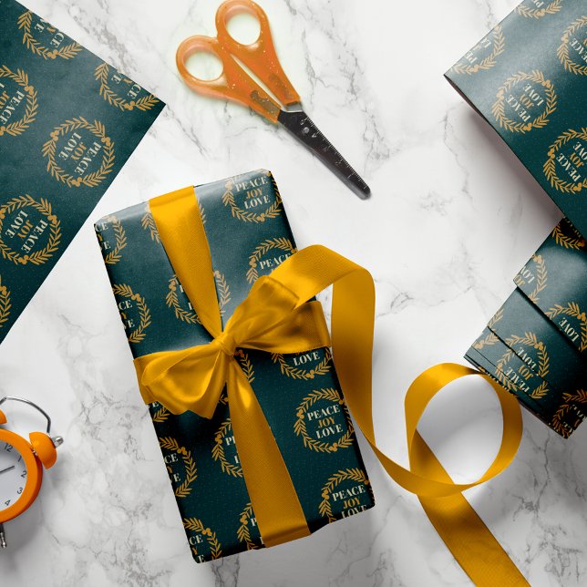 Blue-Green Peace, Joy, Love Gold Christmas Wreath Wrapping Paper (Creator Uploaded)