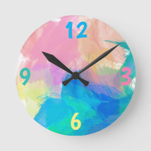 Blue, Green, Peach, Blue Paint Splash Round Clock