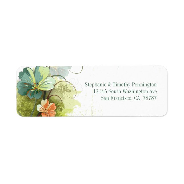 Blue green + peach floral wedding address label (Front)