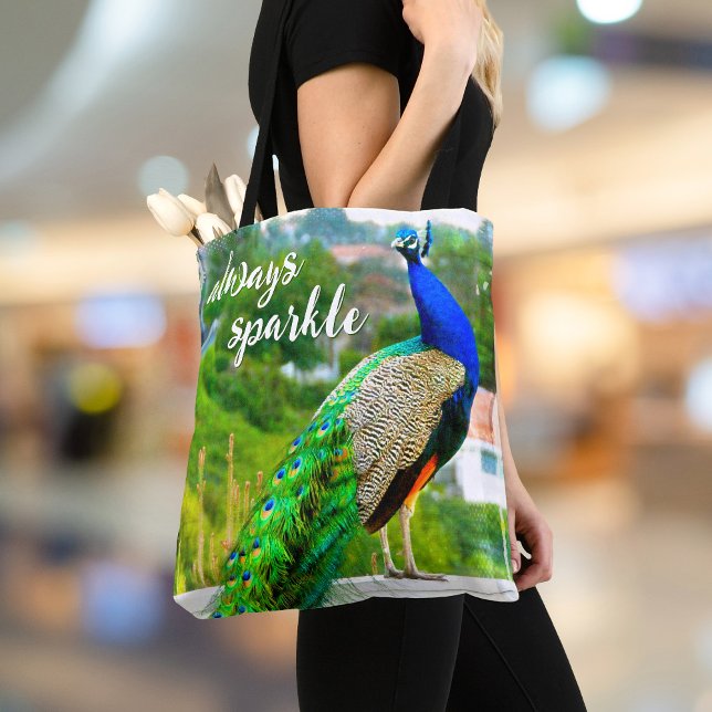 Blue green peacock bird photo always sparkle bold tote bag (Creator Uploaded)