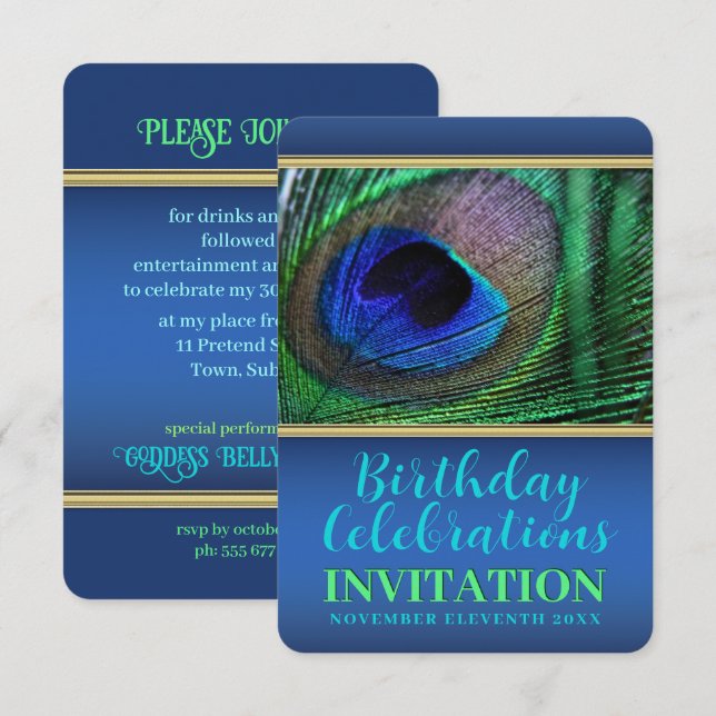 Blue Green Peacock Feather 30th Birthday Party Invitation (Front/Back)
