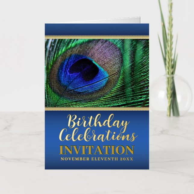 Blue Green Peacock Feather Special Event Birthday  Foil Holiday Card (Front)