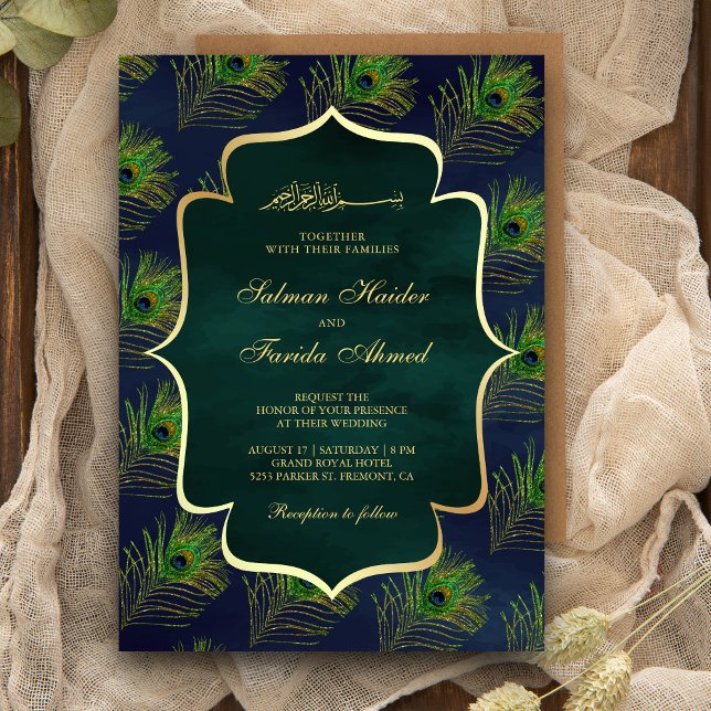 Blue Green Peacock Feathers Muslim Wedding Invitation (Creator Uploaded)