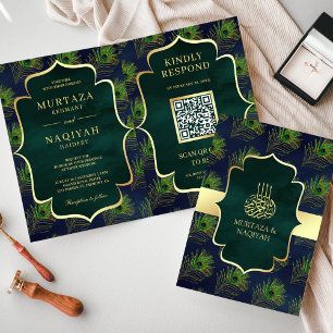 Blue Green Peacock Feathers QR Code Muslim Wedding Invitation