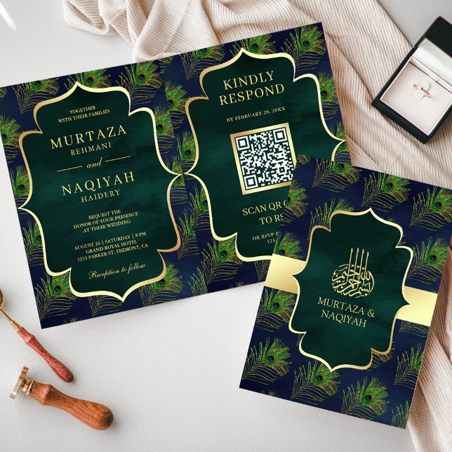 Blue Green Peacock Feathers QR Code Muslim Wedding Invitation (Creator Uploaded)