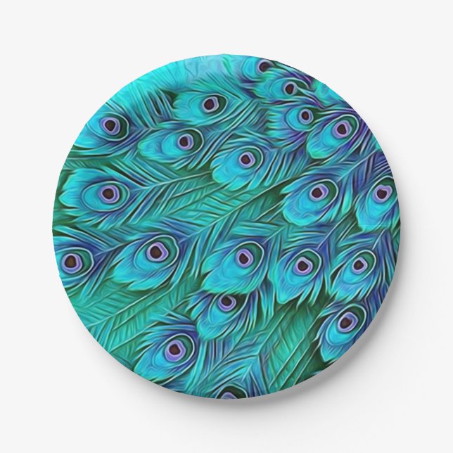 Blue Green Peacock Paper Party Plates (Front)