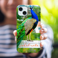 Blue Green Peacock Photo Celebrate Script Modern