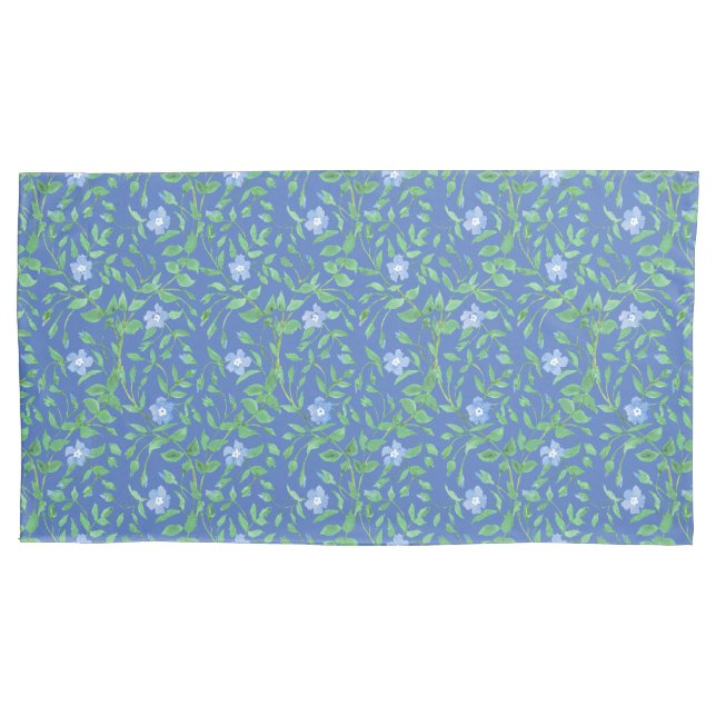 Blue Green Periwinkle Floral Pattern on Royal Blue Pillowcase (Front-Left)
