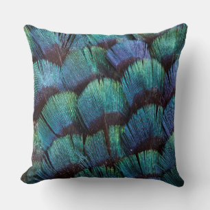 Blue-green pheasant feather design cushion