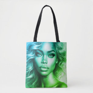 Blue + Green Photo of a Woman on Reusable Grocery Tote Bag