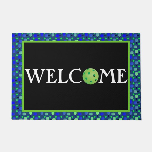 Blue & Green Pickleball Paddles Green Pickleballs Doormat (Front)
