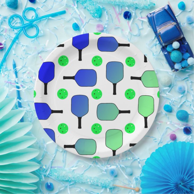 Blue & Green Pickleball Paddles Green Pickleballs Paper Plate (Party)
