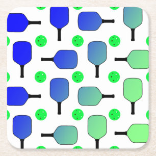 Blue & Green Pickleball Paddles Green Pickleballs Square Paper Coaster