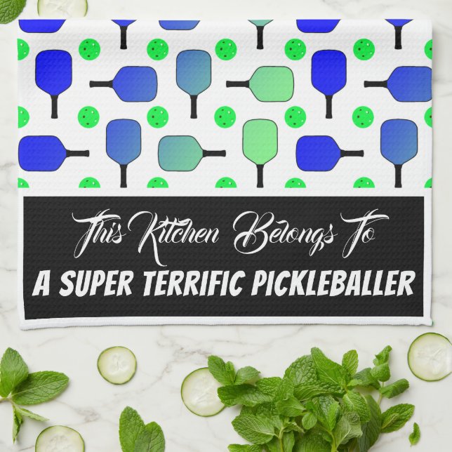 Blue & Green Pickleball Paddles Green Pickleballs Tea Towel (Folded)