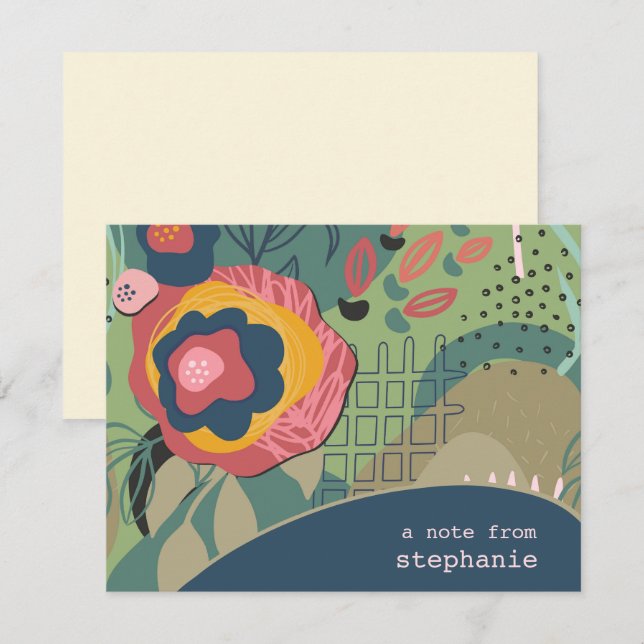 Blue Green & Pink Abstract Floral Custom Flat Card (Front/Back)