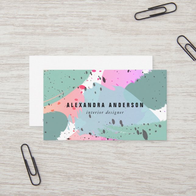 Blue Green Pink Brush Strokes Business Card (Front/Back In Situ)