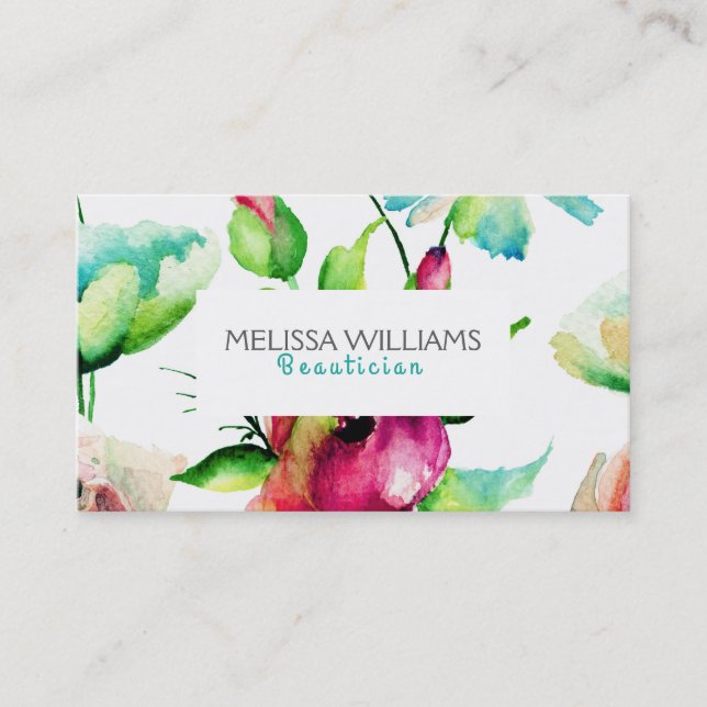 Blue green & Pink Budding Flowers Business Card (Front)