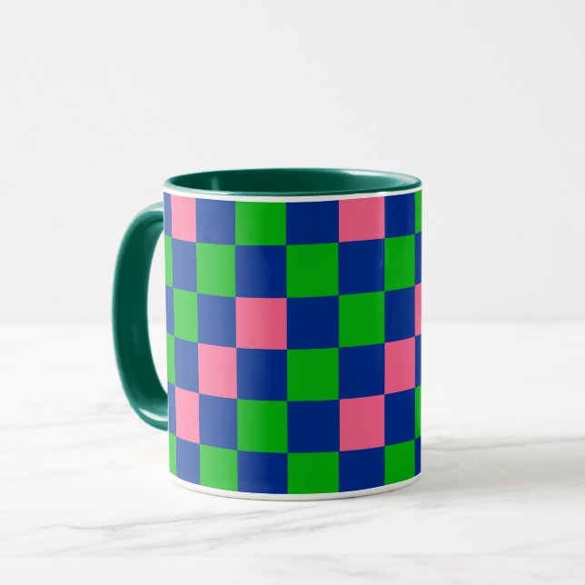 Blue Green Pink Chequered Pattern Design  Mug (Front Left)