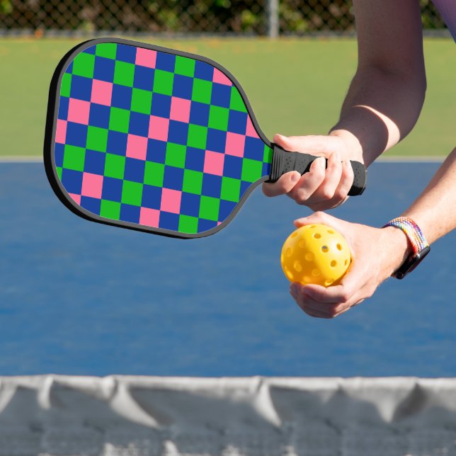 Blue Green Pink Chequered Pattern Design  Pickleball Paddle (Insitu)