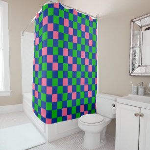 Blue Green Pink Chequered Pattern Design  Shower Curtain