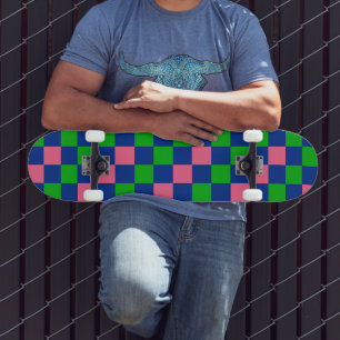 Blue Green Pink Chequered Pattern Design  Skateboard