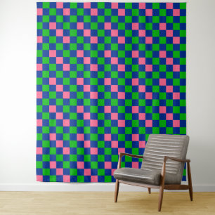 Blue Green Pink Chequered Pattern Design  Tapestry