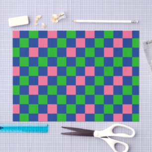 Blue Green Pink Chequered Pattern Design  Tissue Paper