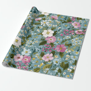 Blue Green Pink Ditsy Flower Boho 70s Vintage  Wrapping Paper