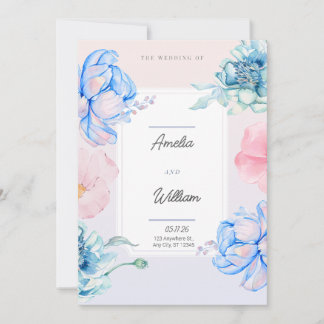 Blue Green Pink Floral Modern Trendy Watercolor  Invitation